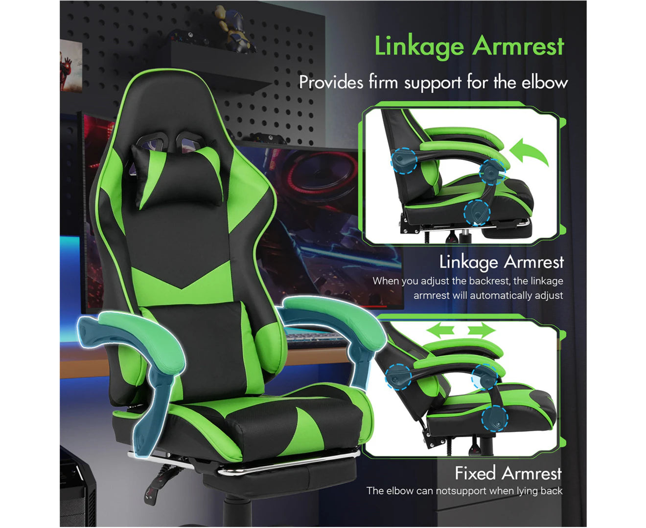 Computer Gaming Chair with Footrest High Back Ergonomic Office Chair PU Leather Gamer Chair with Lumbar Support Green