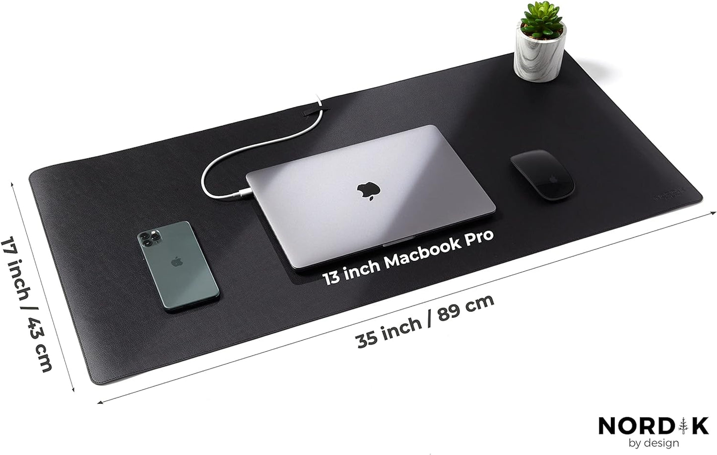 Nordik Leather Desk Mat Cable Organizer (Pebble Black 35 X 17 Inch) Premium Extended Mouse Mat for Home Office Accessories - Felt Vegan Large Leather Desk Pad Protector & Desk Blotter Pads Decor