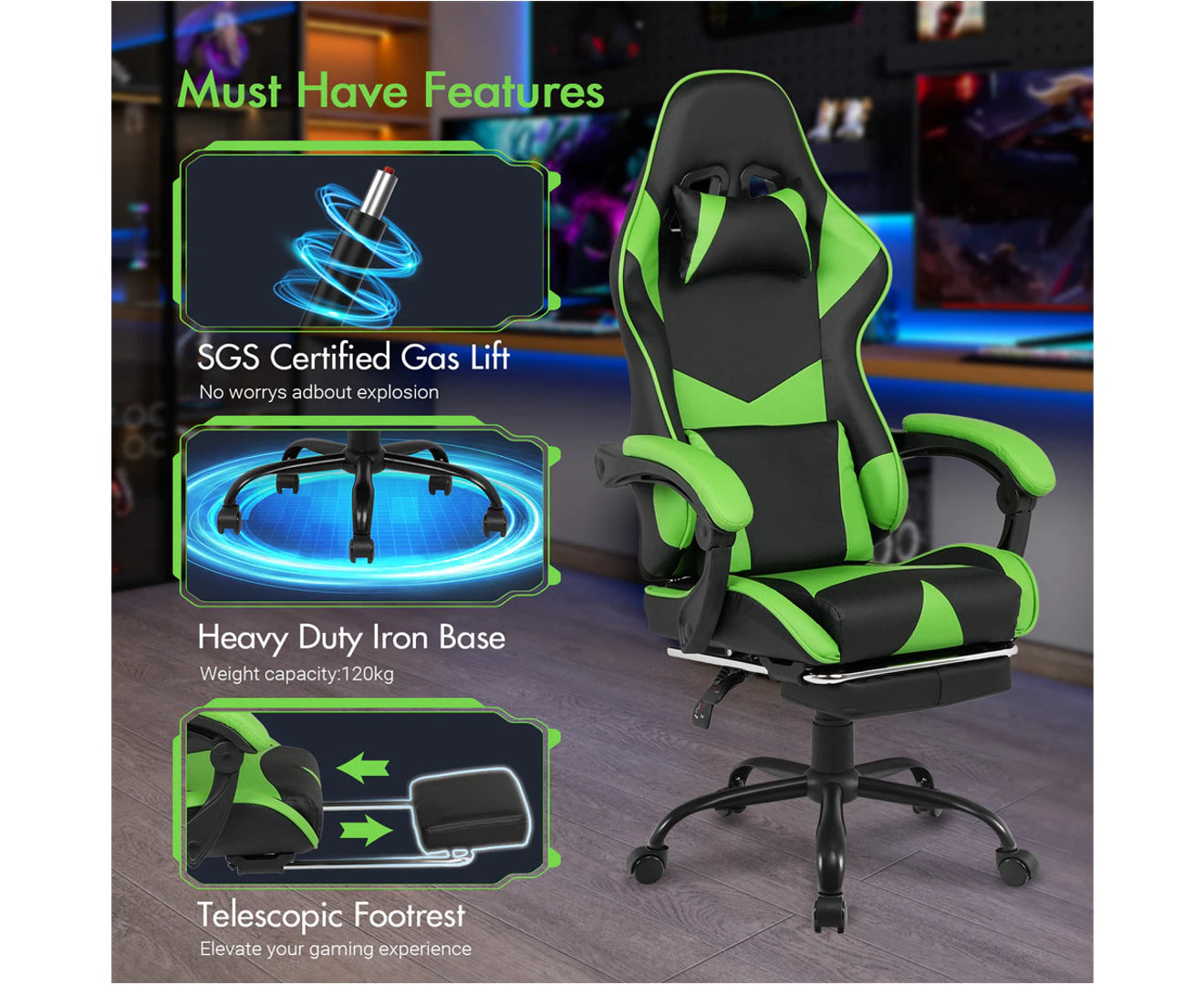 Computer Gaming Chair with Footrest High Back Ergonomic Office Chair PU Leather Gamer Chair with Lumbar Support Green