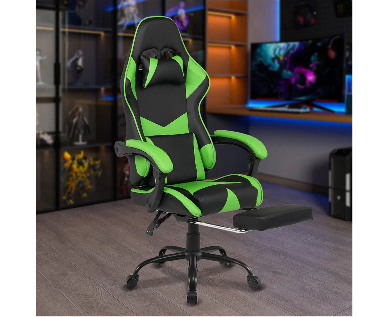 Computer Gaming Chair with Footrest High Back Ergonomic Office Chair PU Leather Gamer Chair with Lumbar Support Green