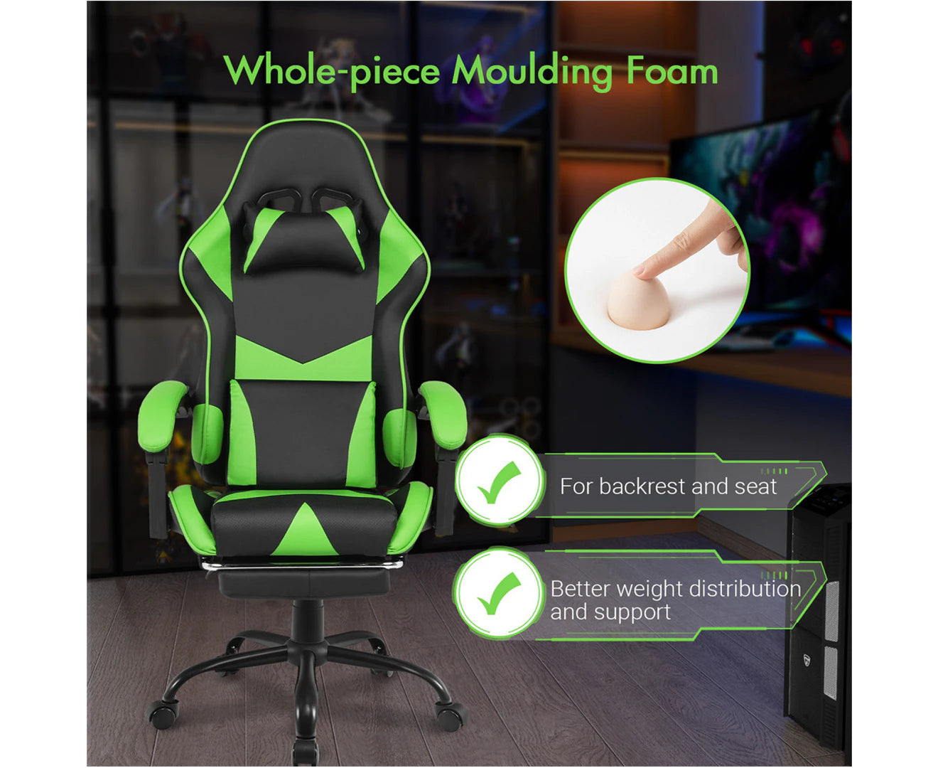 Computer Gaming Chair with Footrest High Back Ergonomic Office Chair PU Leather Gamer Chair with Lumbar Support Green