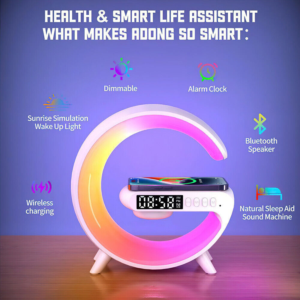 Smart Night Light Bluetooth Speaker Wireless Charger RGB Alarm Clock LED Lamp