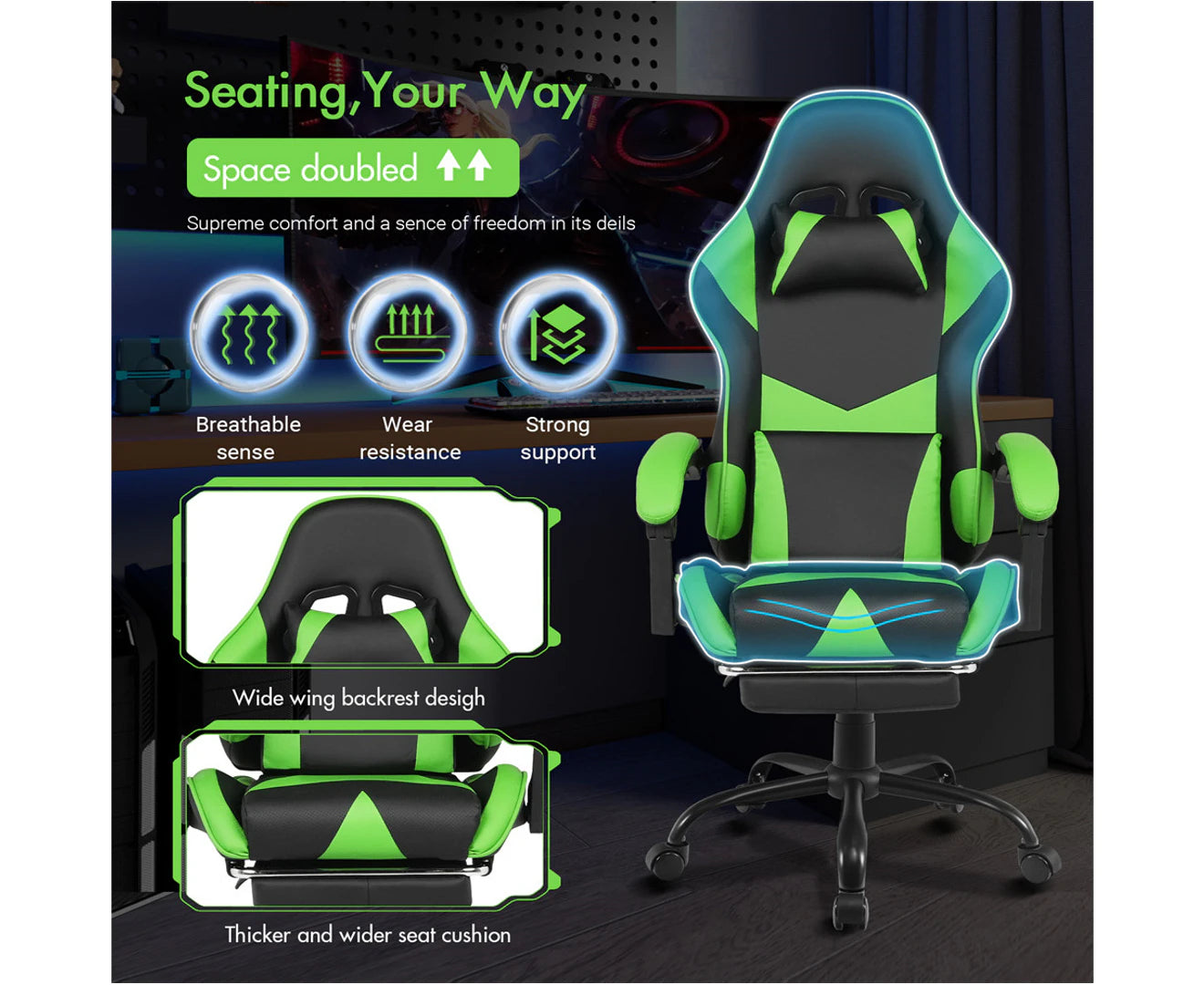 Computer Gaming Chair with Footrest High Back Ergonomic Office Chair PU Leather Gamer Chair with Lumbar Support Green